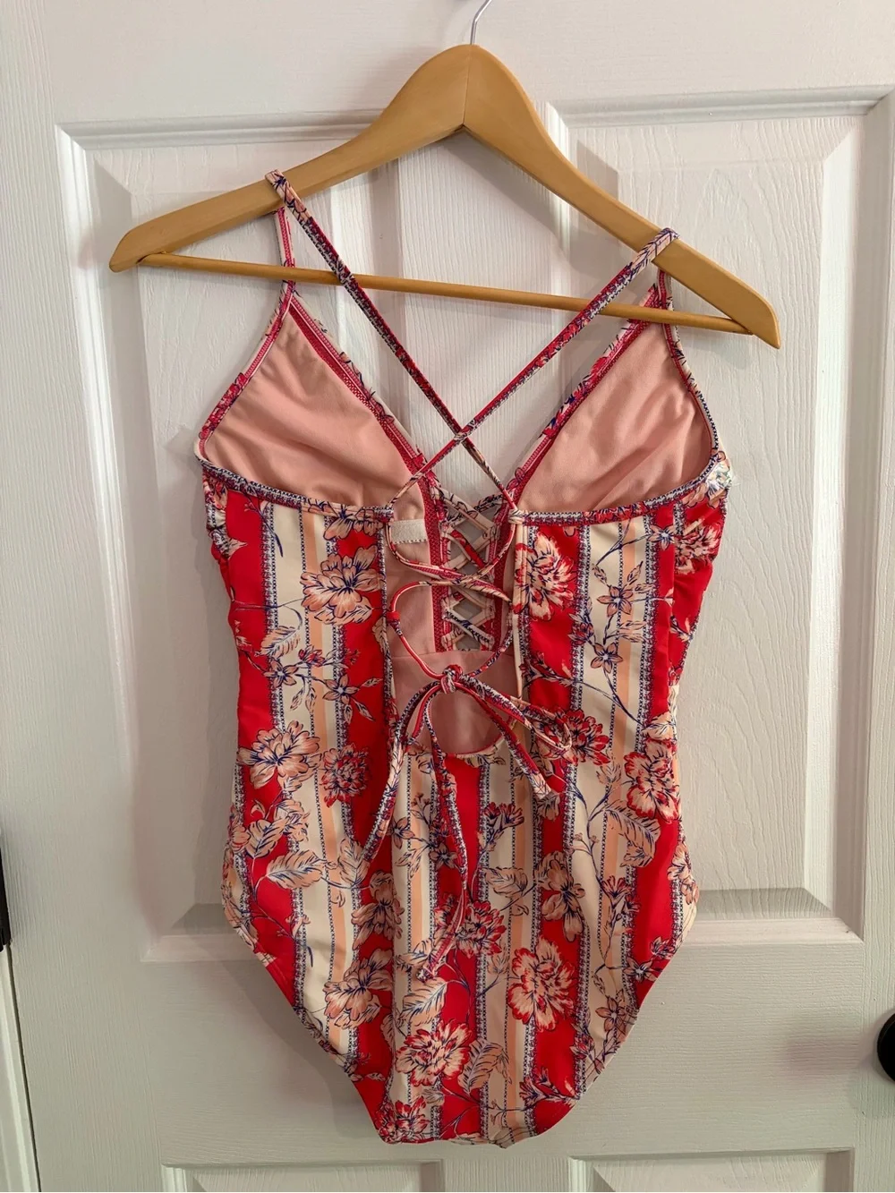 Vintage Kate Spade One Piece Red, Peach, & White Stripes with Floral Motif - L